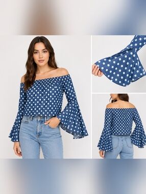 Elium London Womens M Blue Polka Dot Off Shoulder Crop Top Bell Sleeve Cotton.